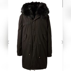 Black Cotton Utility Fur Lined Coat Black Cotton Exterior Tan Brown Fur Lined L